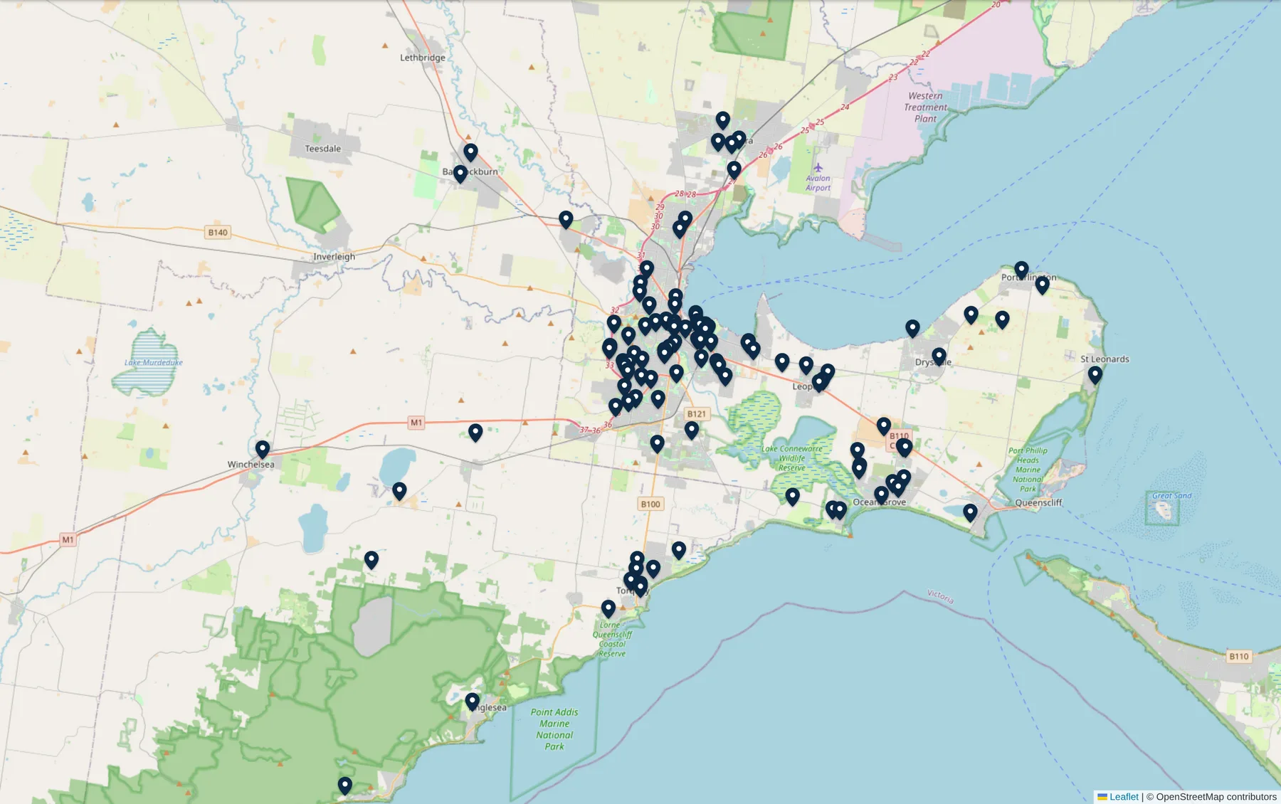 Map of Geelong, the Bellarine Peninsula and the Surf Coast with pins marking completed EES solar and battery installations