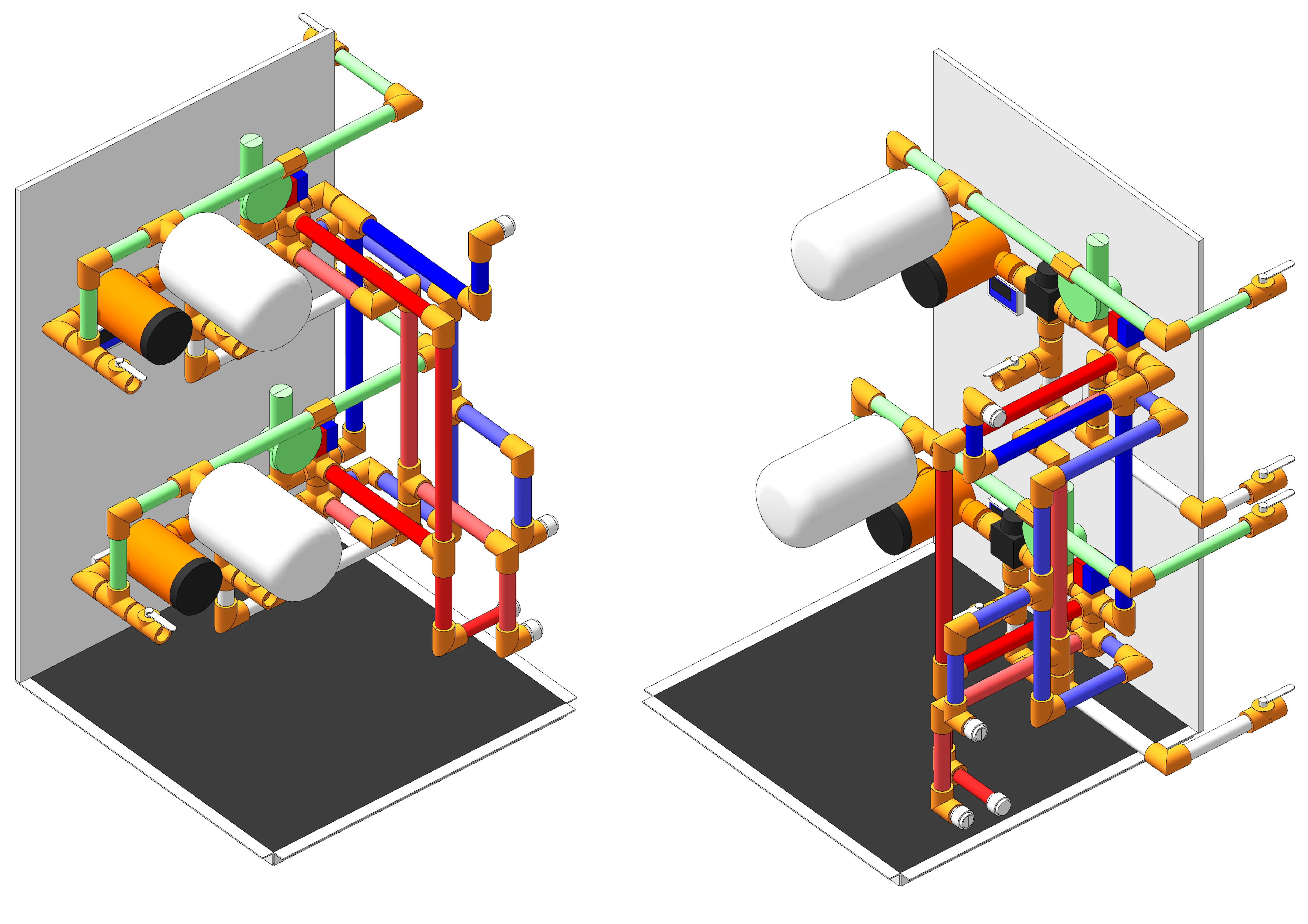 Assembled hydronic plumbing manifold with 24V DC pumps, switching actuators, mixing valves and pressure tanks