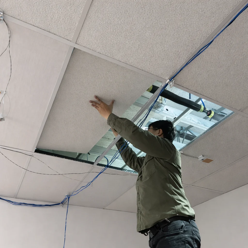 Installer fitting a hydronic ceiling panel into the suspended grid inside the TESTCELL