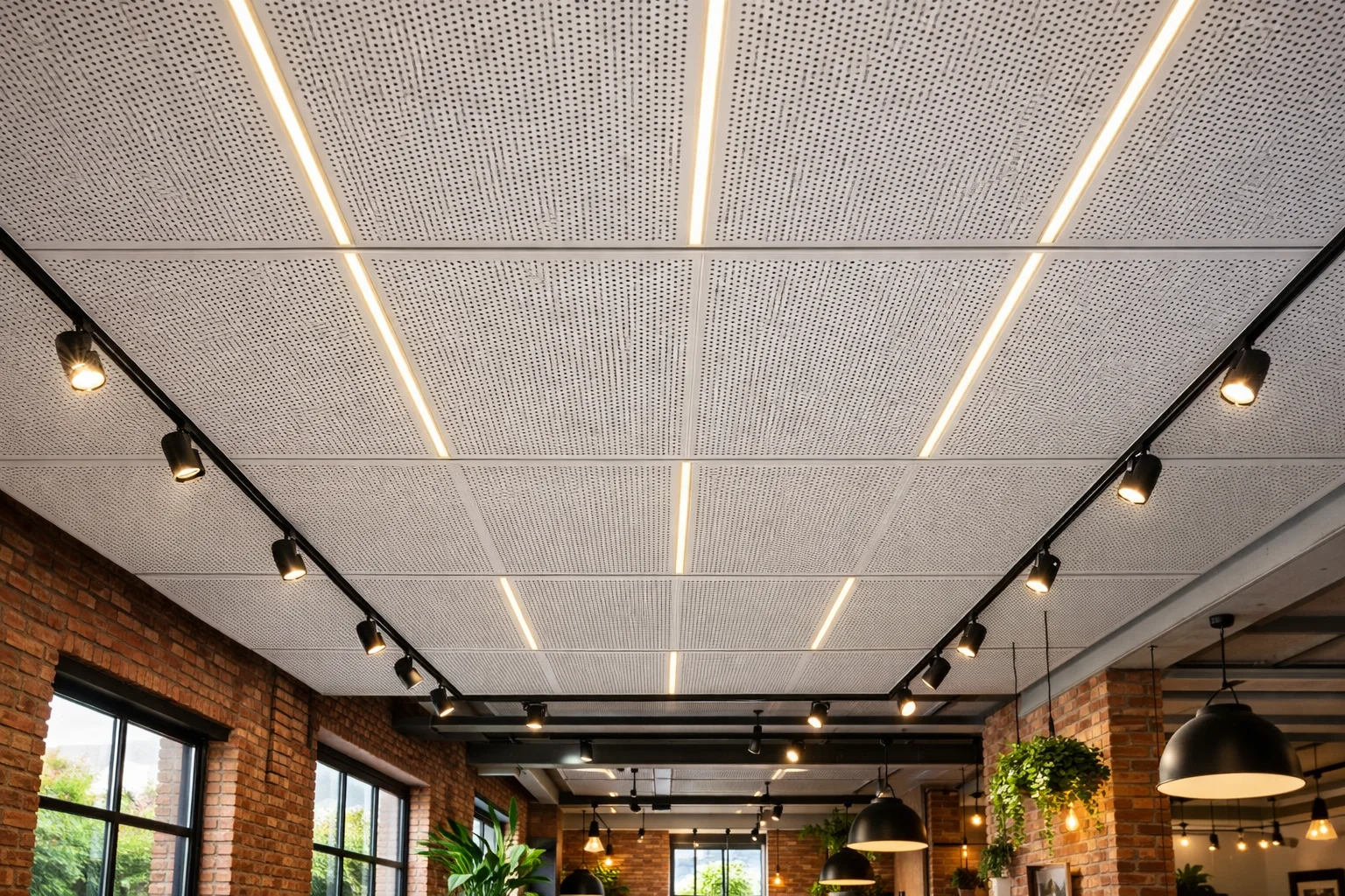 Finished hydronic ceiling panels installed in a room with perforated surface, LED lighting, and exposed brick