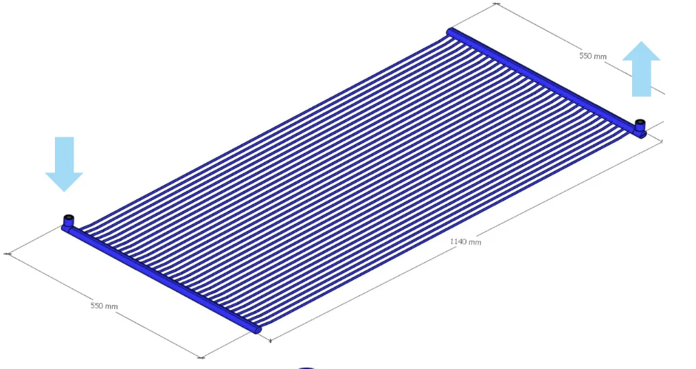 3D view of hydronic panel showing parallel capillary tubes running in and across rather than in a serpentine pattern