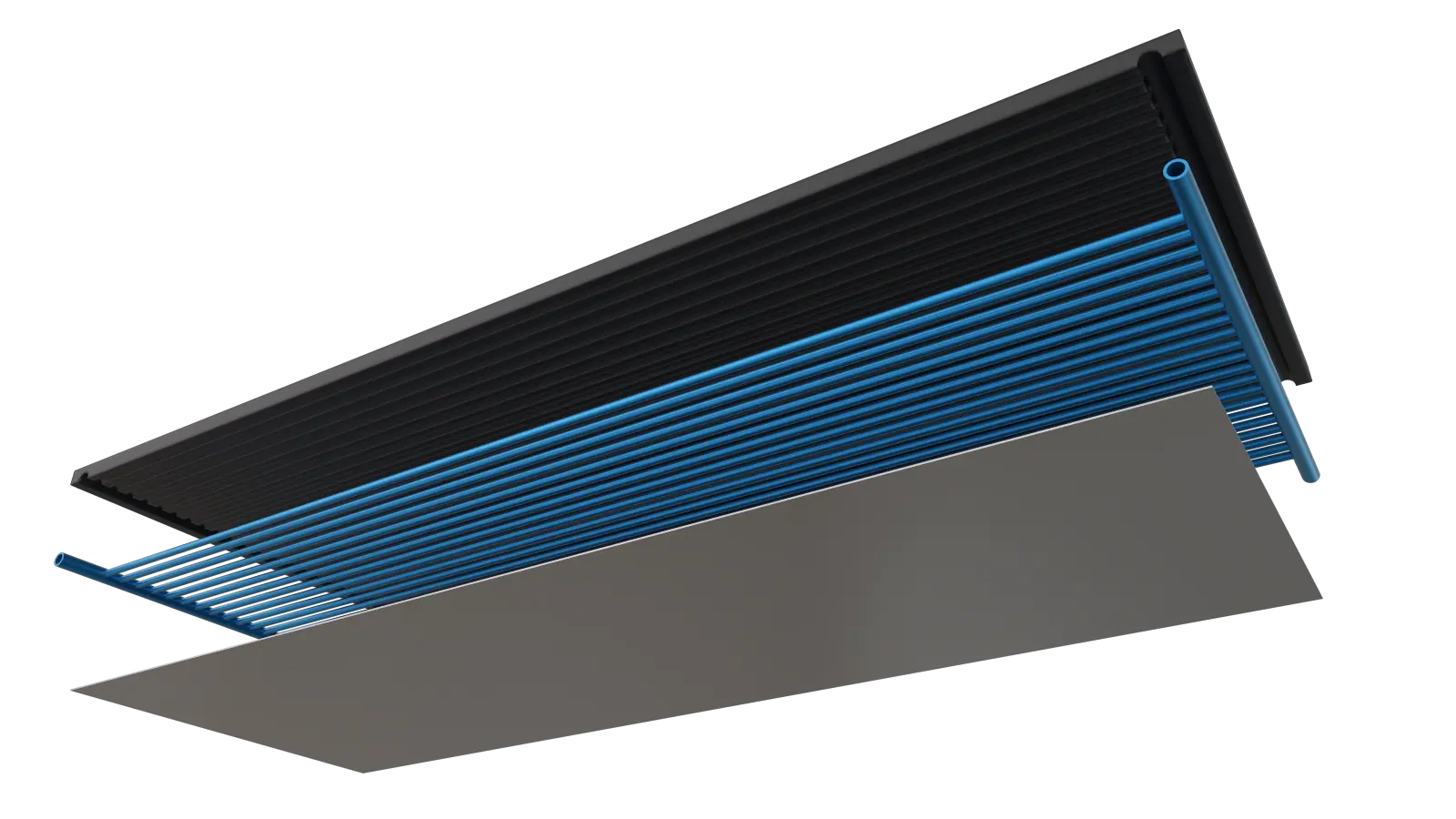 3D render of hydronic ceiling panel showing capillary tube layout and insulation layers