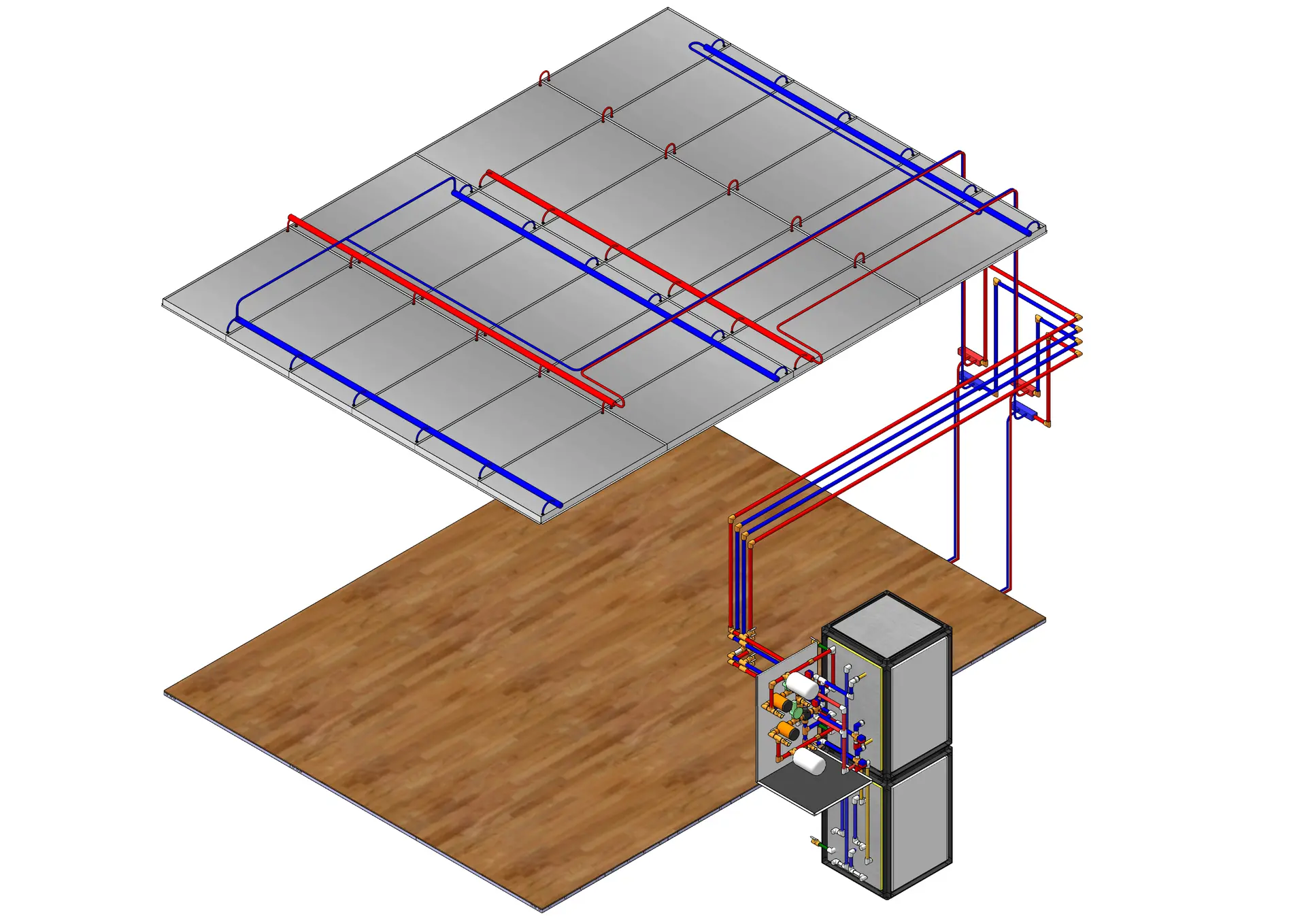 3D isometric view of the complete hydronic ceiling system showing ceiling panels with hot and cold piping loops, mixing station, and equipment cabinet