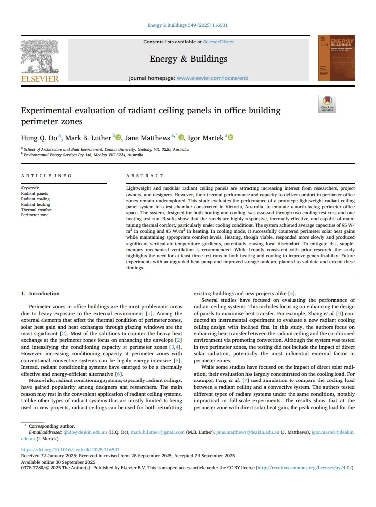 First page of Experimental Evaluation of Radiant Ceiling Panels paper